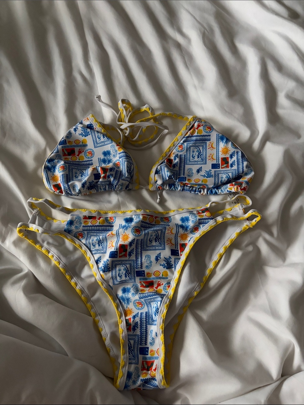 SHEIN White Blue Yellow Printed Triangle Bikini Set
